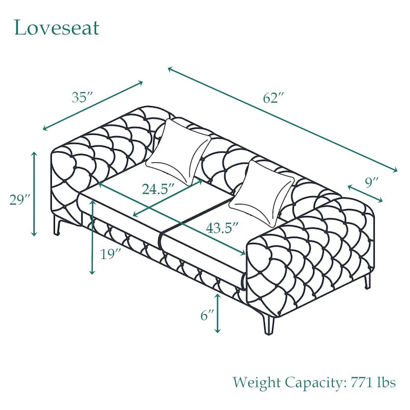 Modern Loveseat Two-Seater Sofa with Velvet Upholstery, Wood Frame and Metal Legs