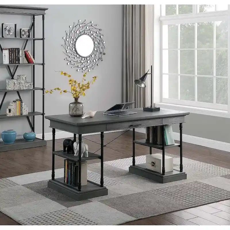 59" Wood and Metal Writing Desk with Drawer