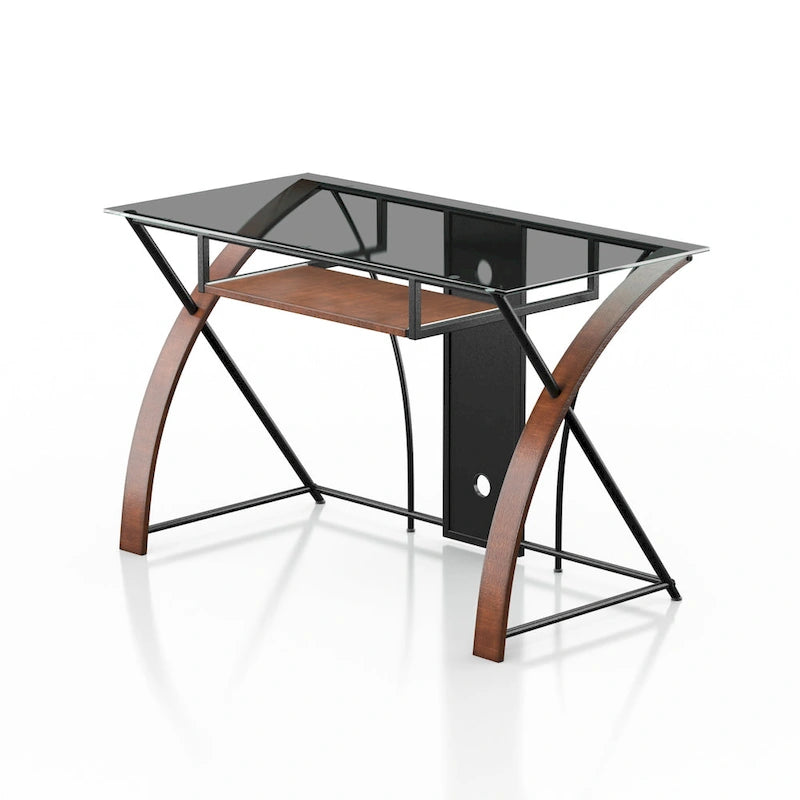 Modern Grey-Tint 47-Inch Glass Computer Desk with Keyboard Tray