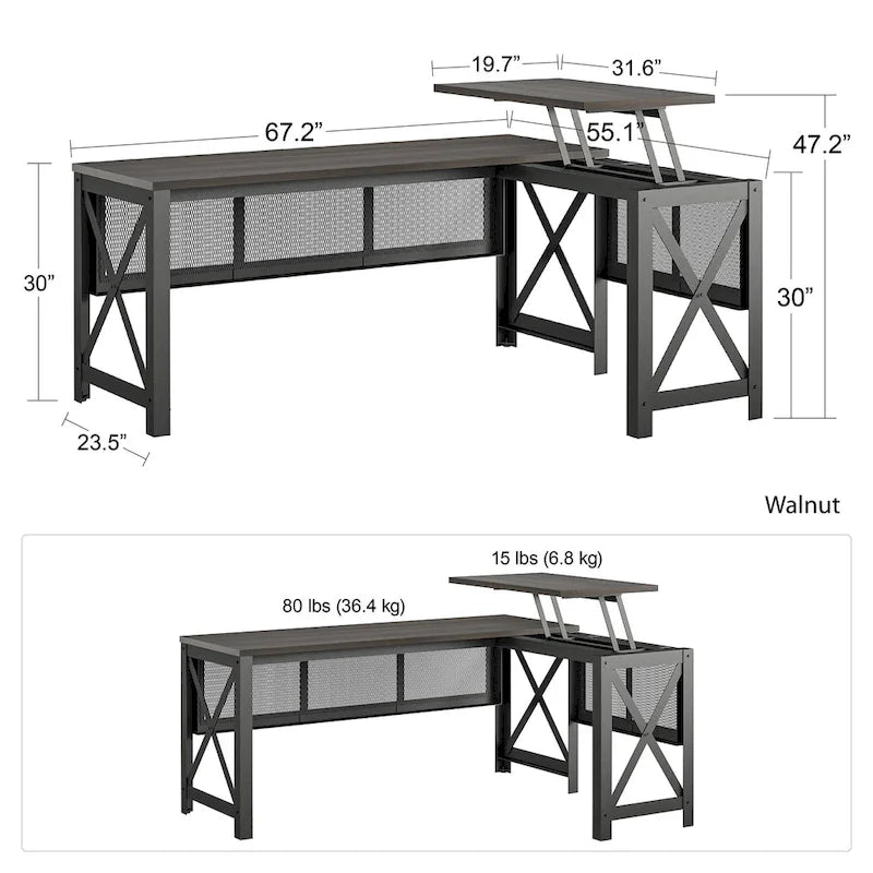 L-Shaped Lift Top Desk with Metal Frame