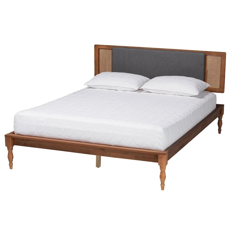 Mid-Century Modern Platform Bed with Rattan Headboard