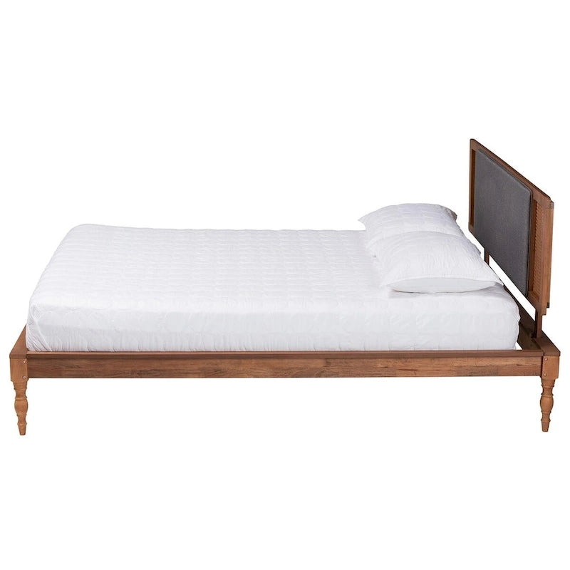 Mid-Century Modern Platform Bed with Rattan Headboard