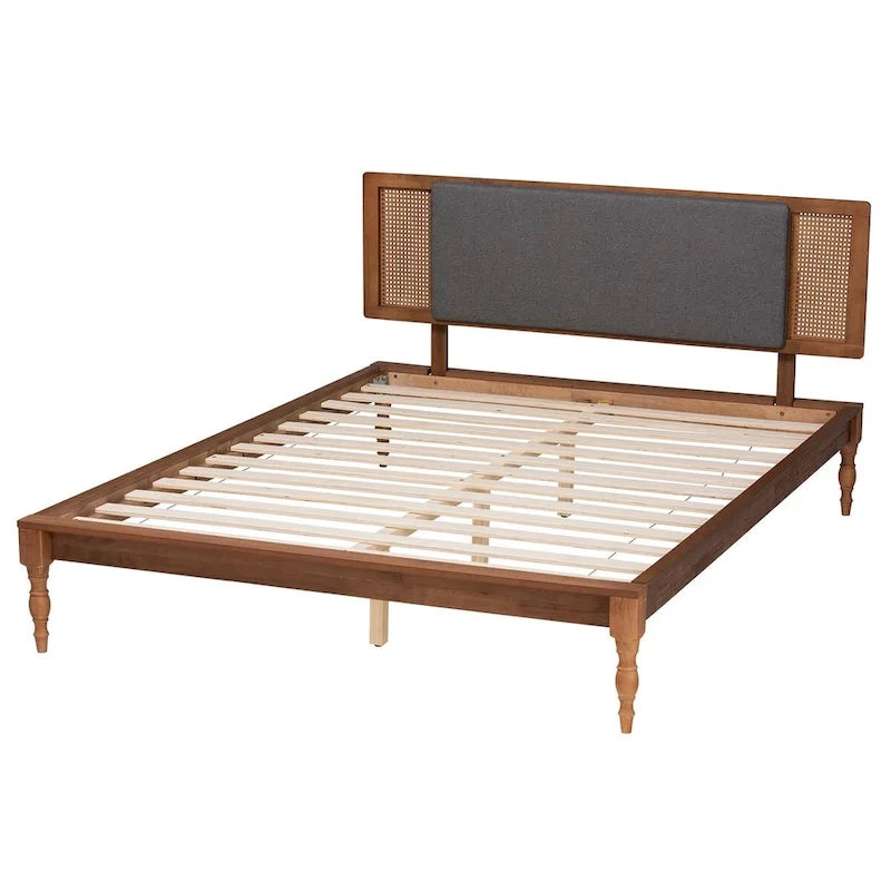 Mid-Century Modern Platform Bed with Rattan Headboard