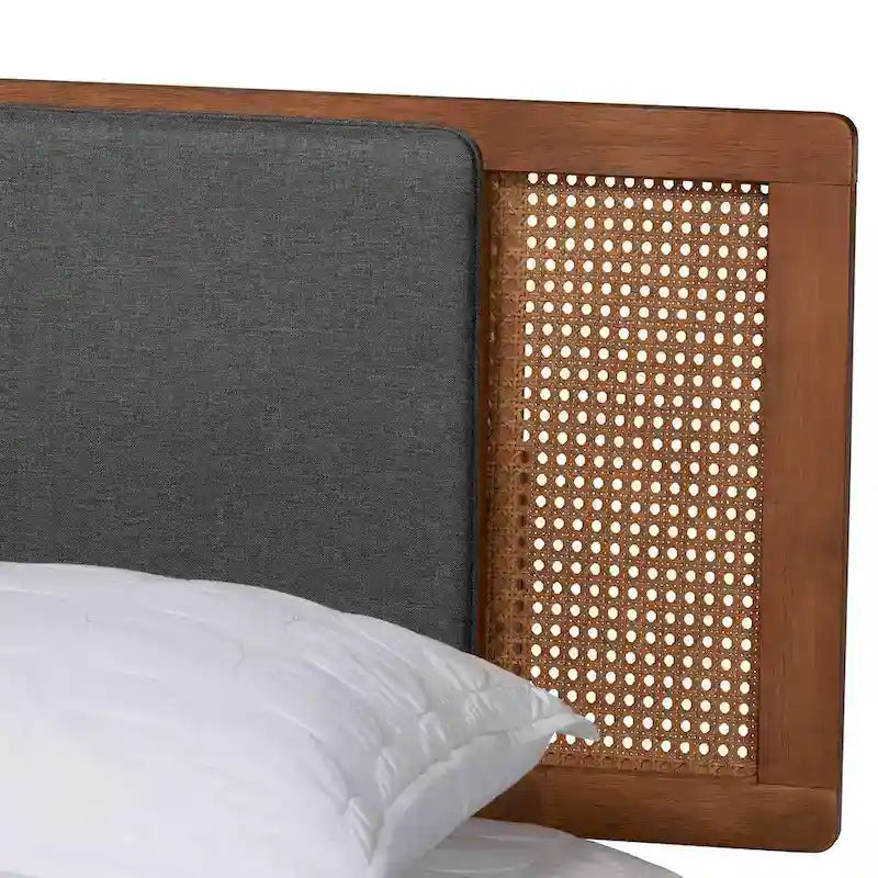 Mid-Century Modern Platform Bed with Rattan Headboard