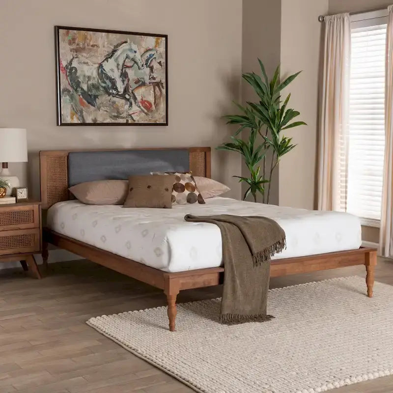 Mid-Century Modern Platform Bed with Rattan Headboard