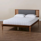 Mid-Century Modern Platform Bed with Rattan Headboard