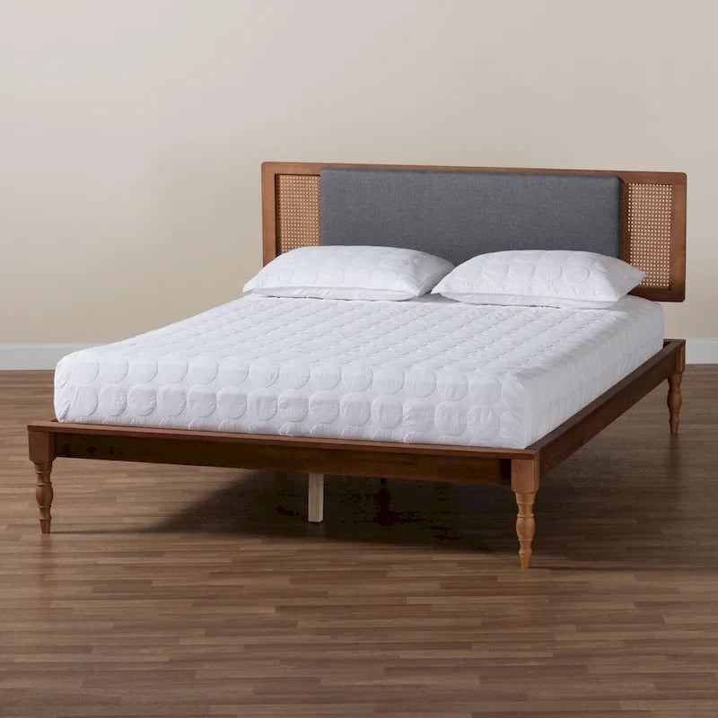 Mid-Century Modern Platform Bed with Rattan Headboard
