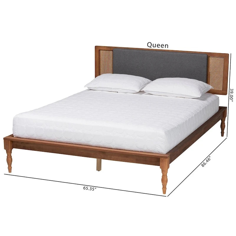 Mid-Century Modern Platform Bed with Rattan Headboard
