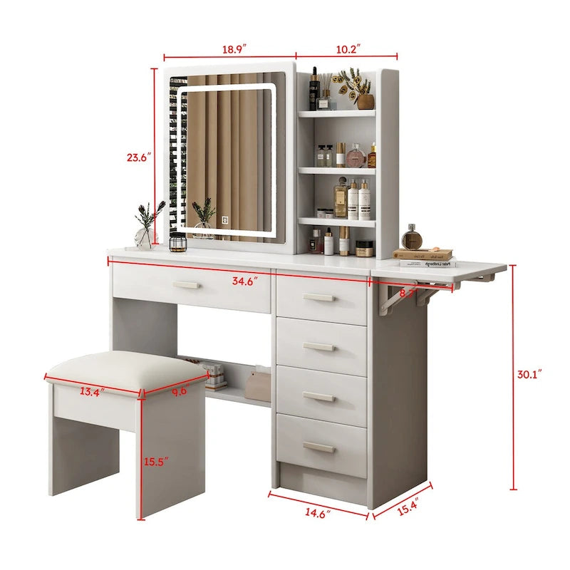Makeup Vanity Desk with Lighted Mirror, Chair, Drawers and Open Shelves