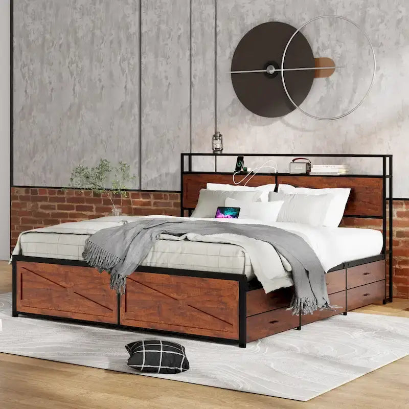 Bed Frame with Storage Headboard, 12 Drawers and LED Lights