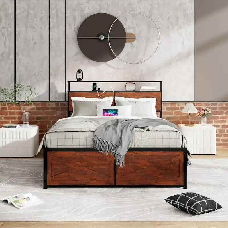 Bed Frame with Storage Headboard, 12 Drawers and LED Lights