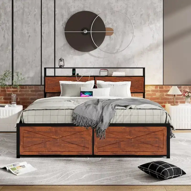 Bed Frame with Storage Headboard, 12 Drawers and LED Lights