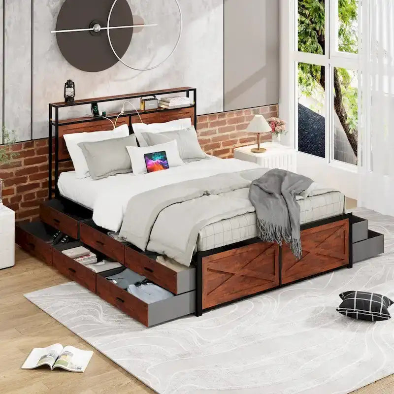 Bed Frame with Storage Headboard, 12 Drawers and LED Lights