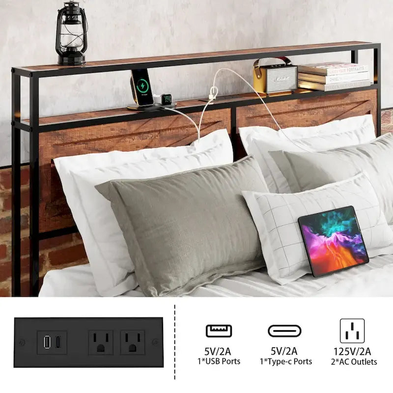 Bed Frame with Storage Headboard, 12 Drawers and LED Lights