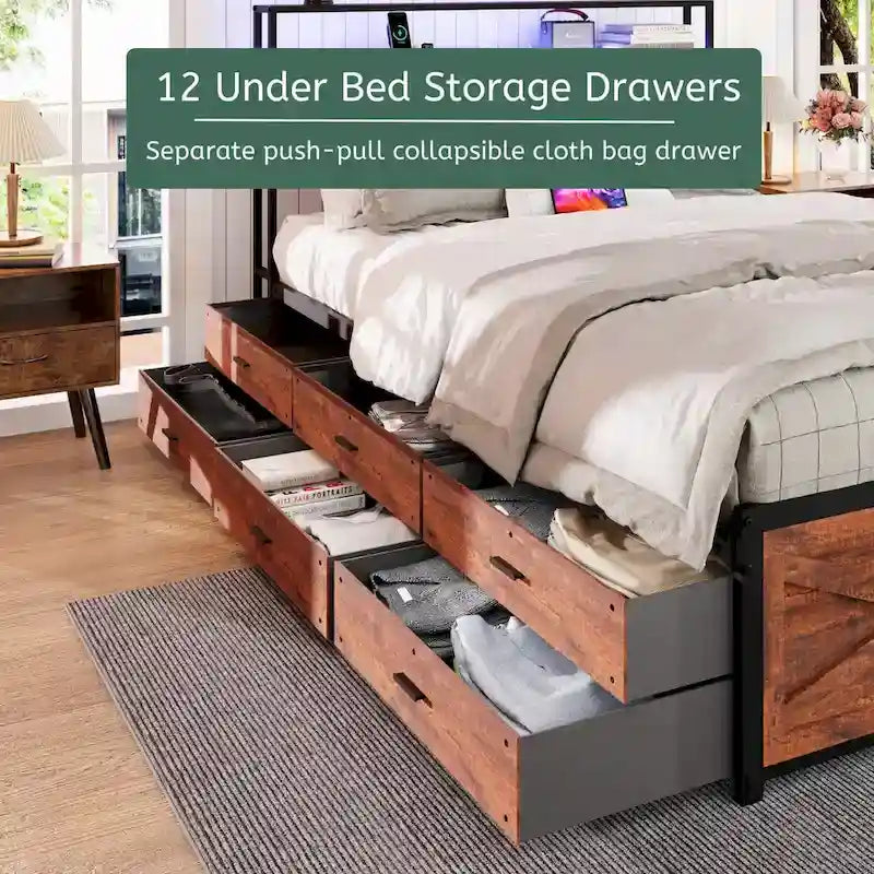 Bed Frame with Storage Headboard, 12 Drawers and LED Lights