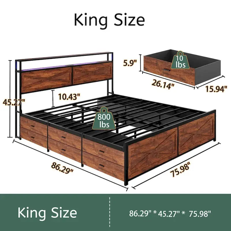 Bed Frame with Storage Headboard, 12 Drawers and LED Lights