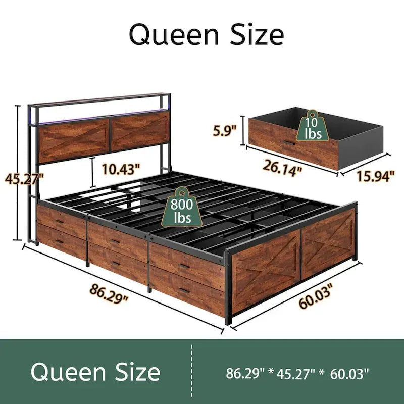 Bed Frame with Storage Headboard, 12 Drawers and LED Lights
