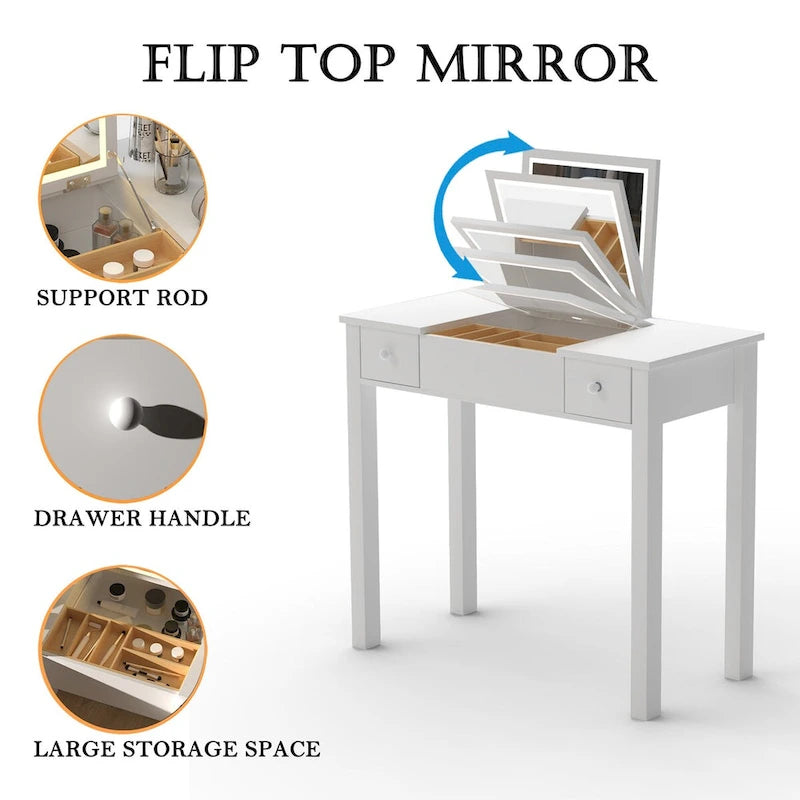 Vanity Table with LED Lights, Flip Mirror and 2 Drawers