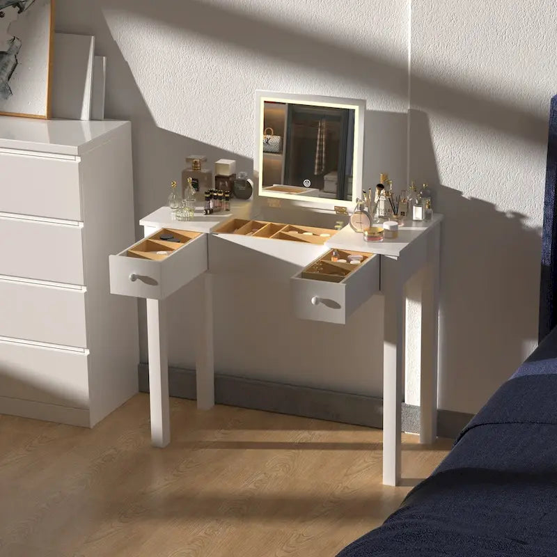 Vanity Table with LED Lights, Flip Mirror and 2 Drawers