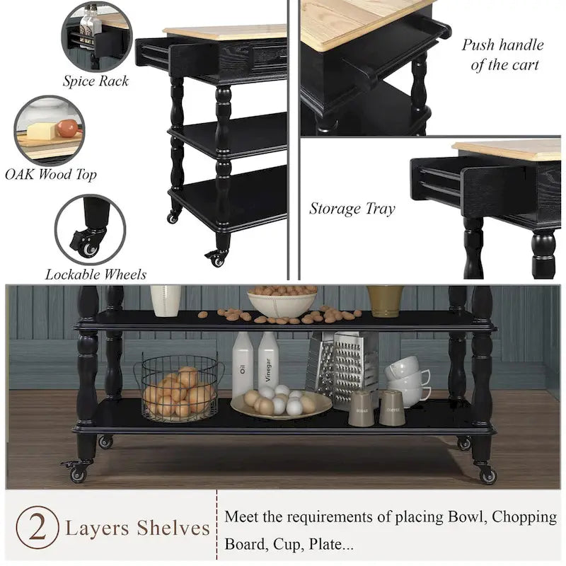 Rolling Kitchen Island Cart with Storage, Drawers, and Wine Rack