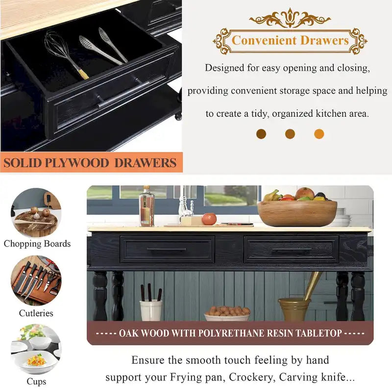 Rolling Kitchen Island Cart with Storage, Drawers, and Wine Rack