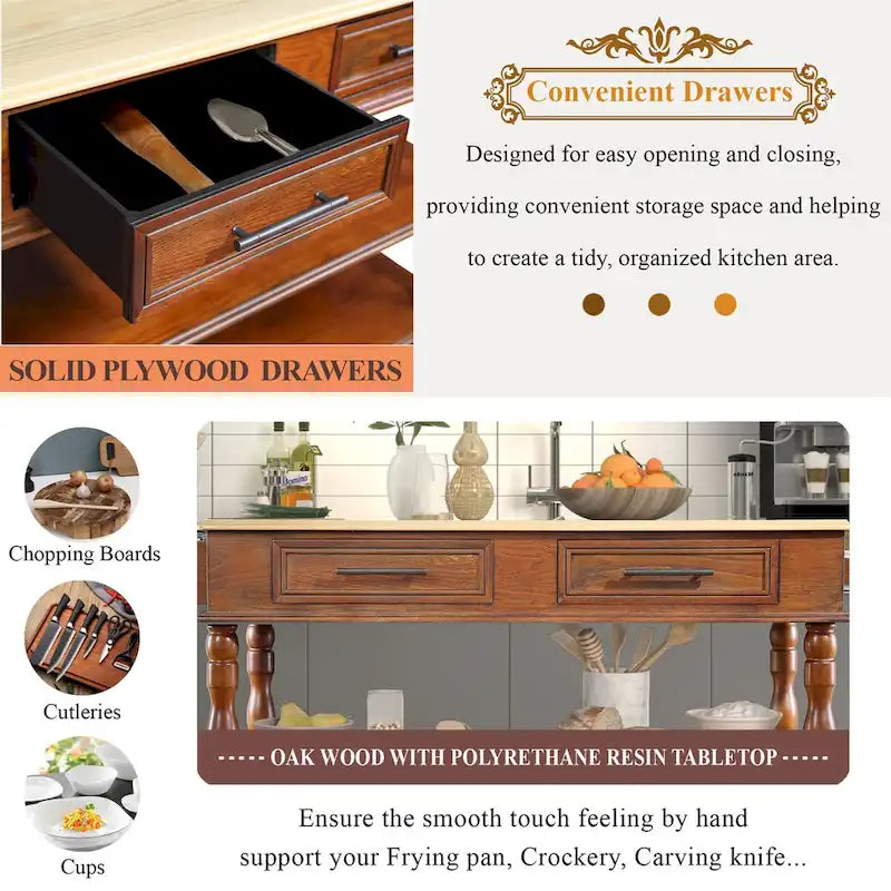 Rolling Kitchen Island Cart with Storage, Drawers, and Wine Rack