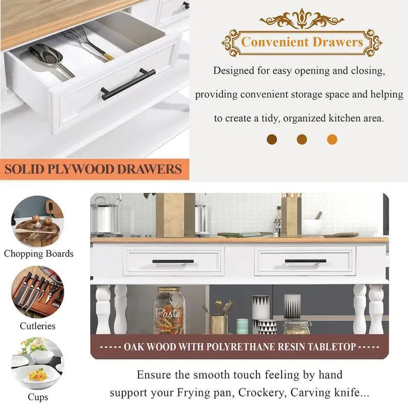 Rolling Kitchen Island Cart with Storage, Drawers, and Wine Rack