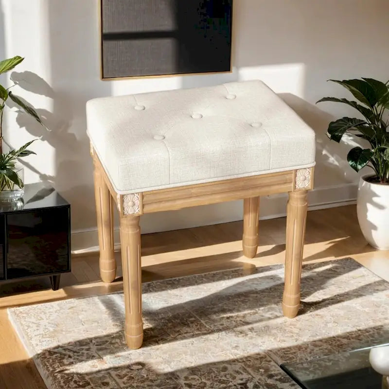 Button Tufted Vintage-Style Stool with Padded Seat and Wood Frame