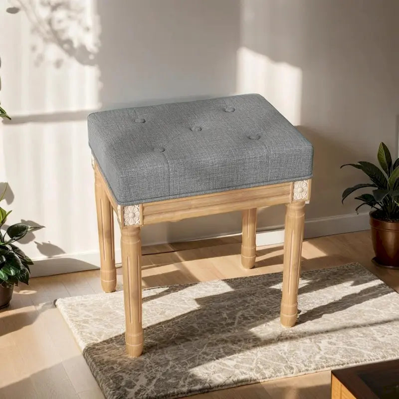 Button Tufted Vintage-Style Stool with Padded Seat and Wood Frame