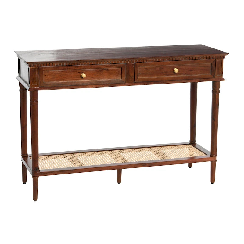 Console Table with Cane Shelf and 2 Drawers