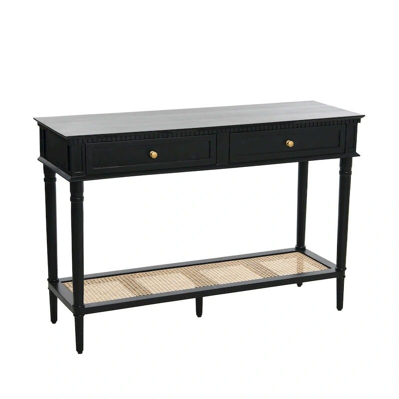 Console Table with Cane Shelf and 2 Drawers