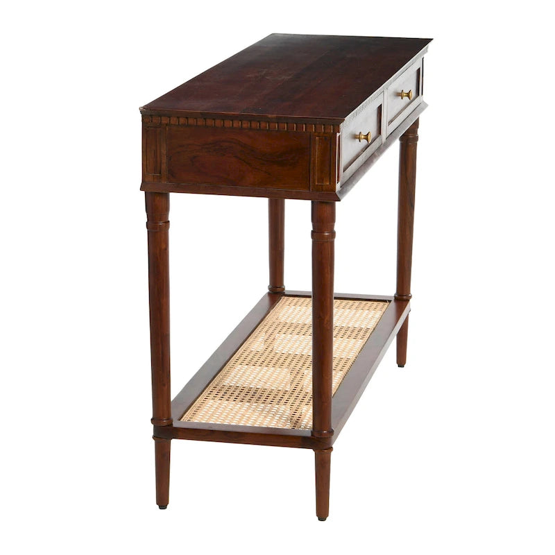 Console Table with Cane Shelf and 2 Drawers