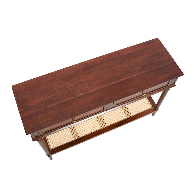 Console Table with Cane Shelf and 2 Drawers