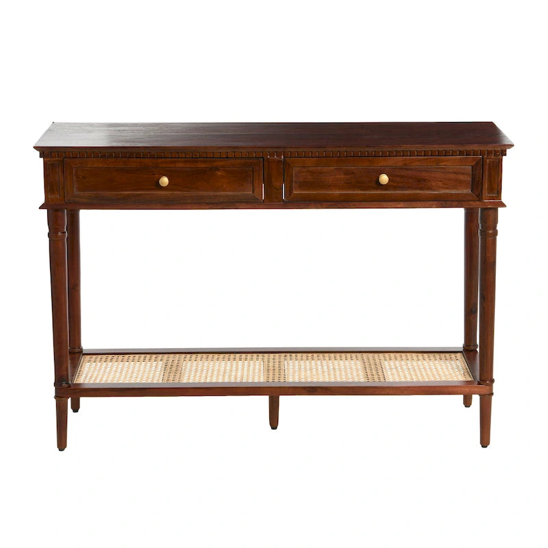 Console Table with Cane Shelf and 2 Drawers