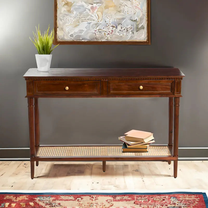 Console Table with Cane Shelf and 2 Drawers