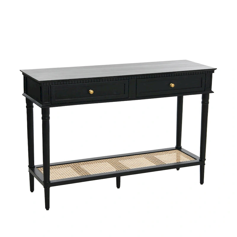 Console Table with Cane Shelf and 2 Drawers