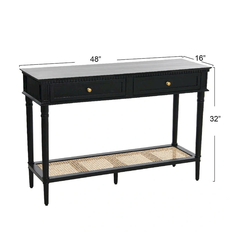 Console Table with Cane Shelf and 2 Drawers