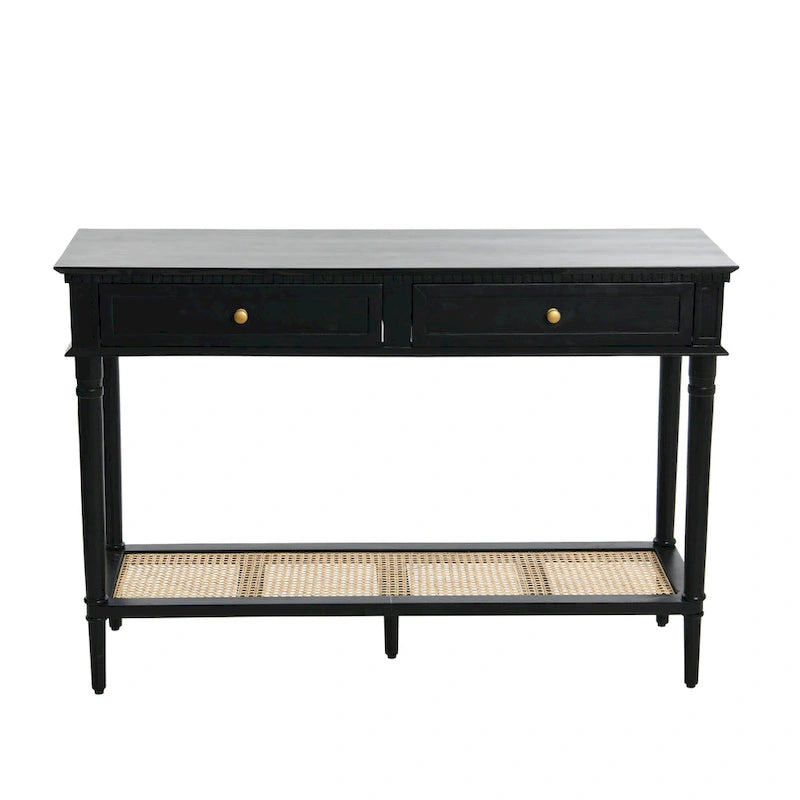 Console Table with Cane Shelf and 2 Drawers