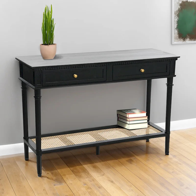 Console Table with Cane Shelf and 2 Drawers