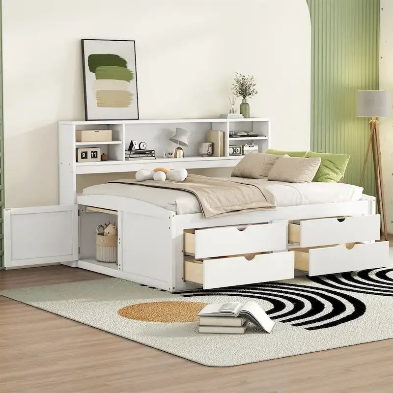 Full Size Wood Daybed with Cabinets, Shelves and 4 Drawers