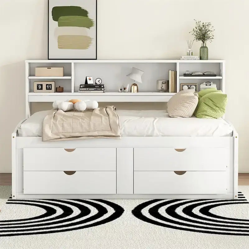 Full Size Wood Daybed with Cabinets, Shelves and 4 Drawers