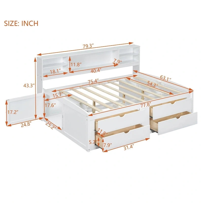 Full Size Wood Daybed with Cabinets, Shelves and 4 Drawers