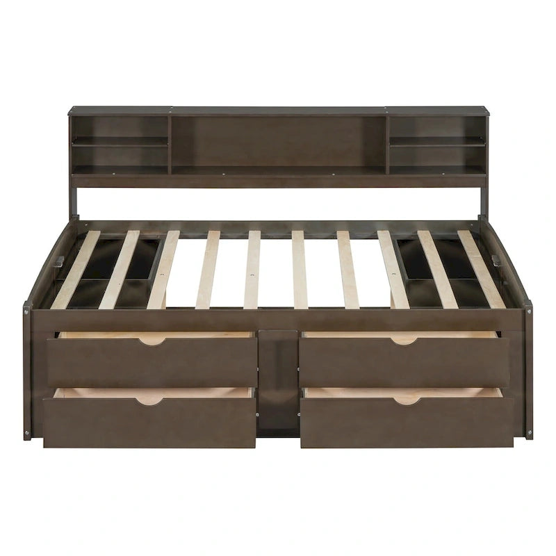 Full Size Wood Daybed with Cabinets, Shelves and 4 Drawers