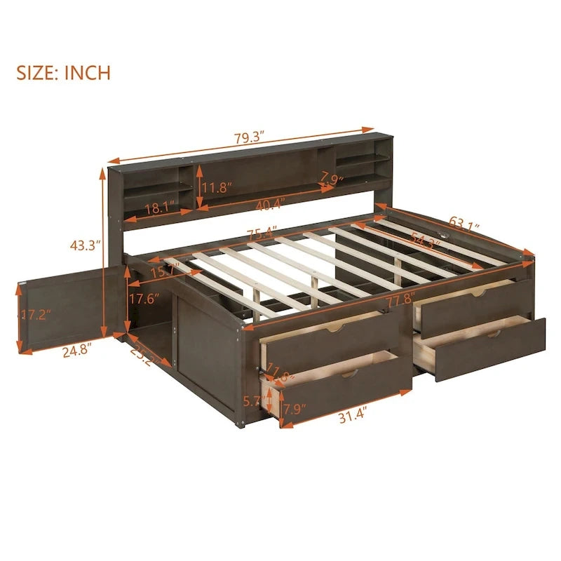 Full Size Wood Daybed with Cabinets, Shelves and 4 Drawers
