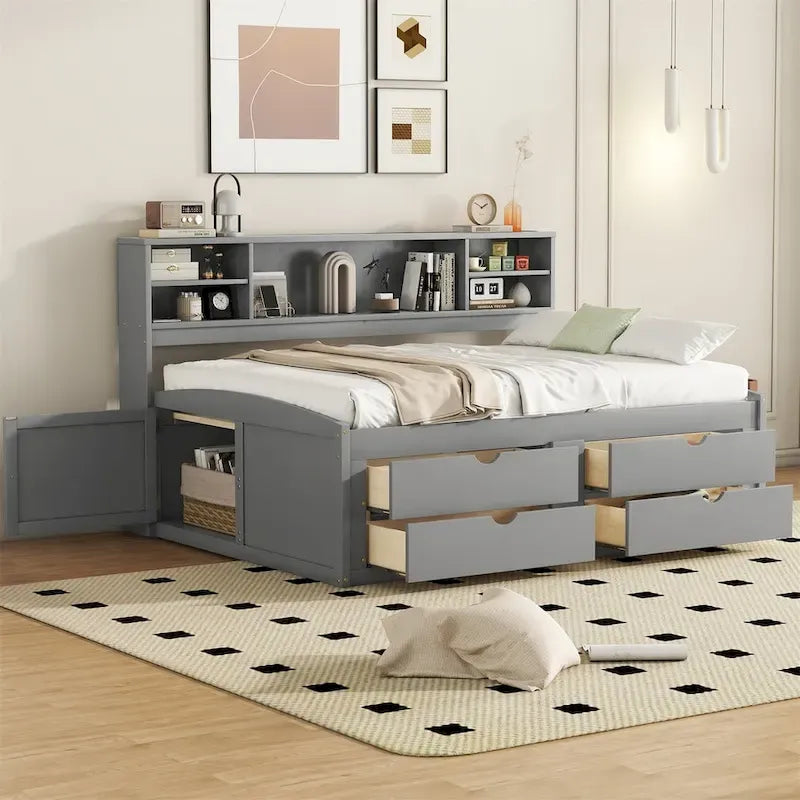 Full Size Wood Daybed with Cabinets, Shelves and 4 Drawers