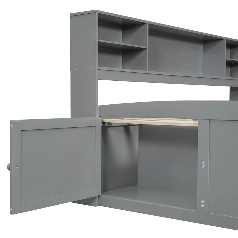 Full Size Wood Daybed with Cabinets, Shelves and 4 Drawers