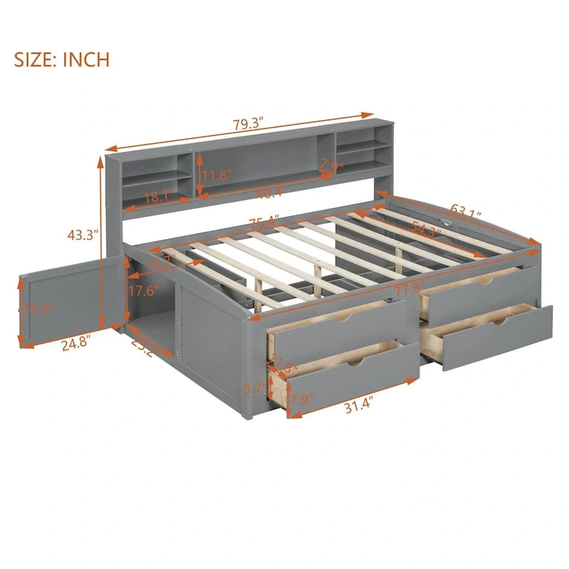 Full Size Wood Daybed with Cabinets, Shelves and 4 Drawers