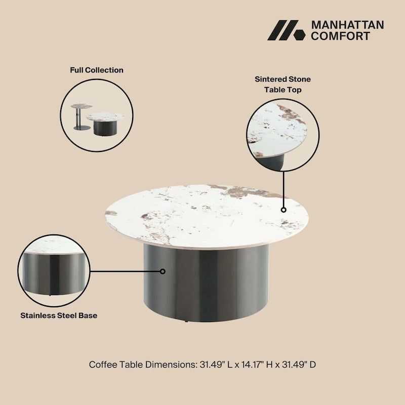Round Sintered Stone Coffee Table with Sliding End Table