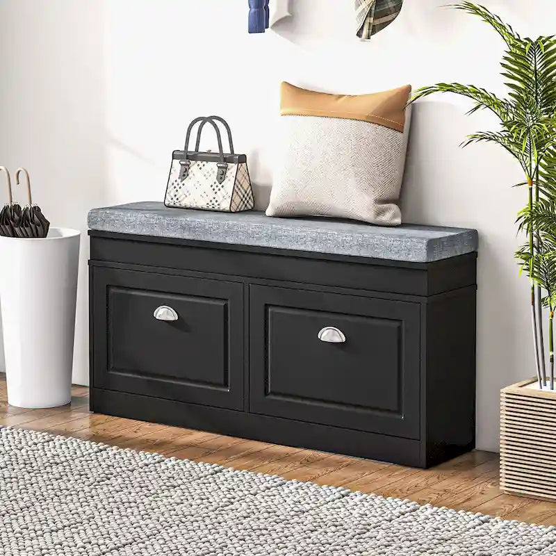 Storage Bench with Cushion, 2 Drawers and Adjustable Shelf