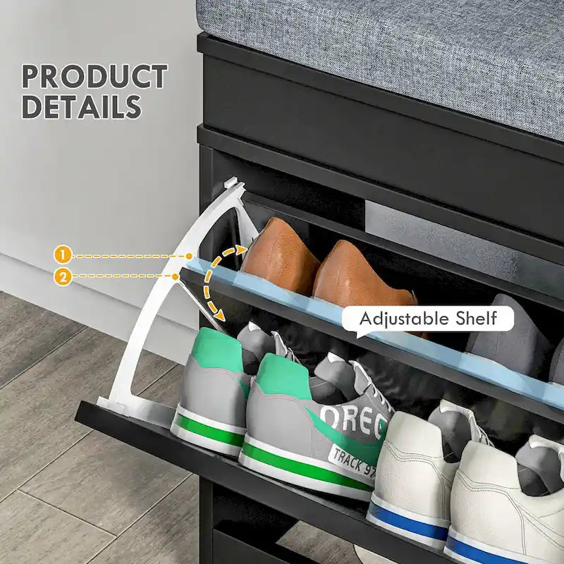 Storage Bench with Cushion, 2 Drawers and Adjustable Shelf